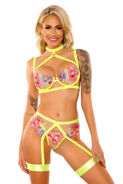[657447305078] Fantasy Lingerie Glow in a Trance Harness Bra, Garter Belt Neon Chartreuse - S/M