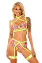 Fantasy Lingerie Glow in a Trance Harness Bra, Garter Belt Neon Chartreuse - S/M