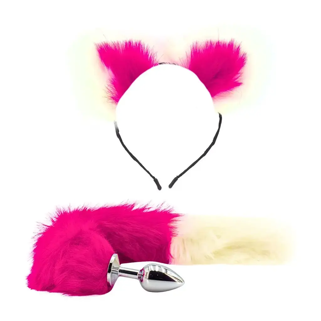 Cintillo y Plug Anal Pequeño Cola De Zorra - Blanco y Fucsia