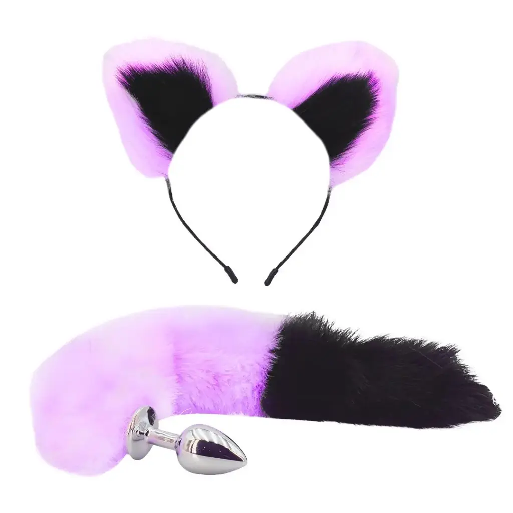 Cintillo y Plug Anal Pequeño Cola De Zorra - Violeta y Negro