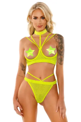 [657447304972] Fantasy Lingerie Glow Double Take Strappy Harness Open-Shelf Bra & Cage Thong Neon Lemon - M/L
