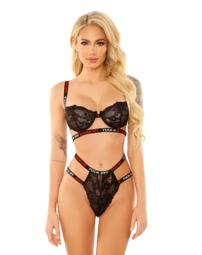 [657447081507] Fantasy Lingerie Fuck Off Lace Bra & Cutout Panty-Black - S/M 