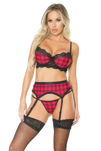 [883124175300] Coquette Checked Mate Bra, Garter Belt & G-String - M